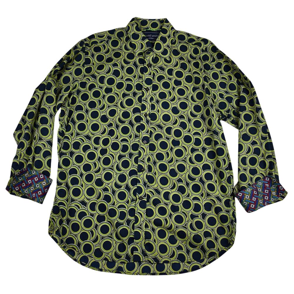 David Smith Australia Button Up Shirt Mens L Blue Green Long Sleeve Geometric